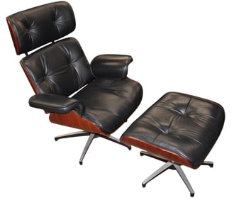 Eames style 2 piece rosewood laminated and black leather chair and ottoman