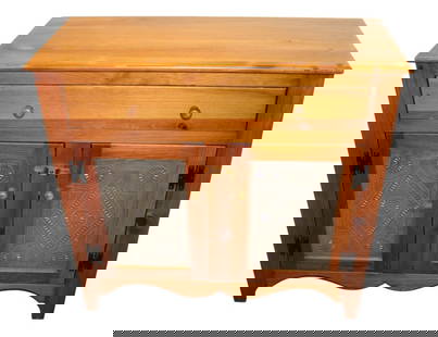 Mastercraft country knotty pine pierce tin front server: Mastercraft country style knotty pine 1 drawer 2 door with pierce tin front server, structurally sound with some surface wear on top, original finish. 35.5"h x 37"1 x 16"d