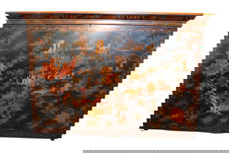 Maitland Smith Asian open back hanging cabinet: Maitland Smith Asian motif paint decorated 2 door open back hanging cabinet, structurally sound and in good condition, nice look. 38"h x 51.5"l x 9.5"d