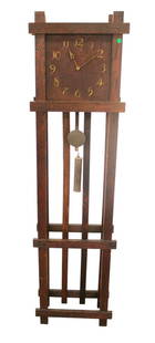 Antique oak arts & crafts mission grandfather clock: Antique oak arts and crafts mission style grandfather clock, weight driven movement, partial paper label on back with no visible maker name, weights and pendulum, structurally sound and in good condit