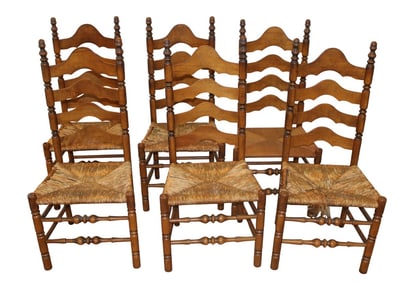 Set 6 Nichols & Stone ladder back rush bottom chairs