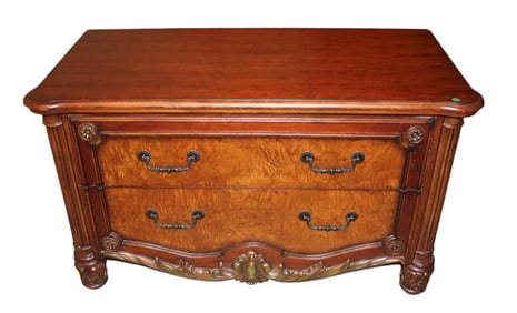 Burled walnut & mahogany low chest with 2 drawers