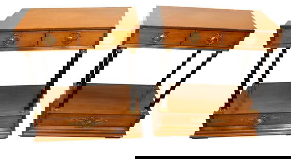 Pr vintage Bethlehem regency mahogany nightstands: Pair of vintage Bethlehem Furniture regency style 3 drawer mahogany nightstands, structurally sound with some finish loss see photos. Each 30"h x 26"w x 16"d