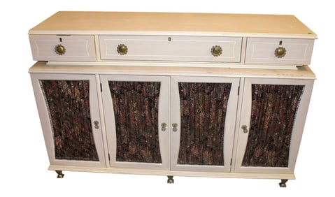 Vtg paint decorated 3 drawer credenza w/wire  doors
