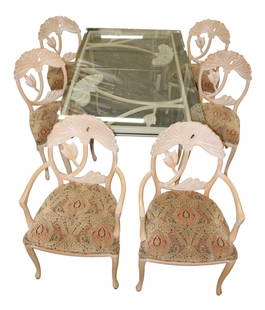 Like New 7pc Sigla Furn. contemporary dining set: Like new 7 piece Sigla Furniture contemporary dining set, glass top table with 6 chairs, all carved natural finish with white wash accents solid wood, 4 side chairs and 2 arm chairs, glass is good, li