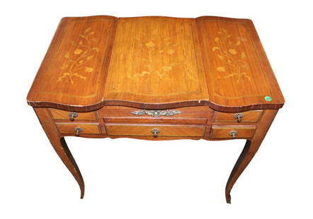 Antique French inlaid tri fold top dressing vanity table: Antique French inlaid tri fold top dressing vanity table, structurally sound, shows repairs over the years, originalfound condition. 29"h x 29"w x 19"d