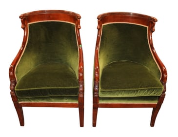 Pr antique mahog swan & fish carved fireside chairs
