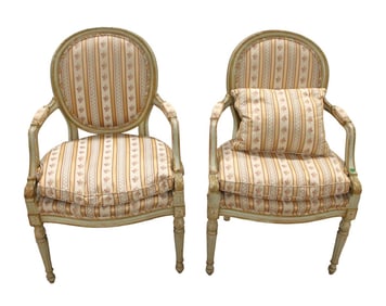Pair semi antique country Fr distressed ptd foot stools