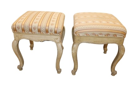 Pair semi antique country Fr distressed ptd foot stools