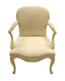 French uphol. and distressed painted frame arm chair