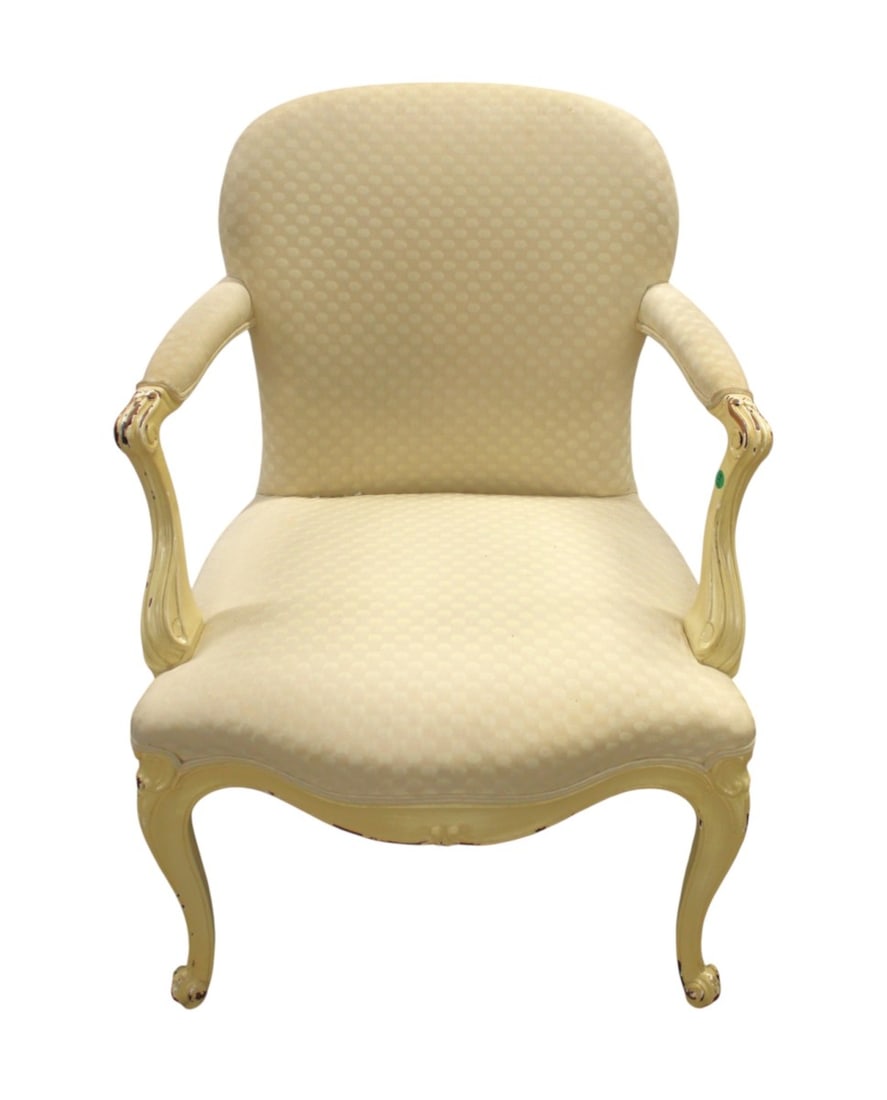 French uphol. and distressed painted frame arm chair: French style upholstered and distressed painted frame arm chair, upholstery may need cleaned, structurally sound. 35"h x 26"w x 21"d seat height of 19"