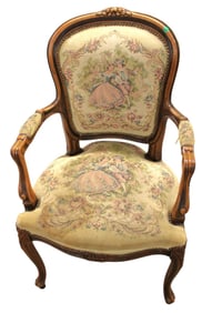 Semi ant. Fr. needlepoint carved walnut  arm chair