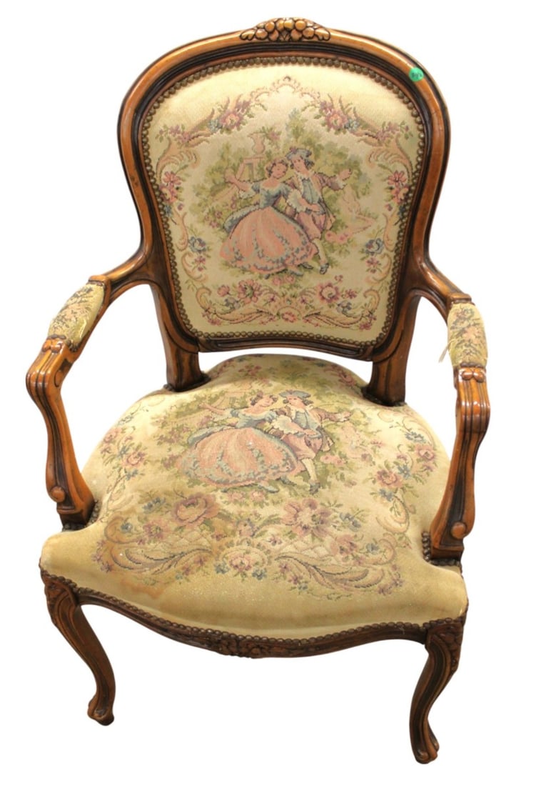 Semi ant. Fr. needlepoint carved walnut  arm chair (1 of 4)