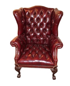 Quality burgundy leather button tuft wing back chair