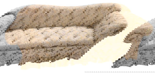 Baker quality button tuft  sofa with tags & arm guards: Baker Furniture quality button tuft upholstered sofa with tags and arm guards, upholstery looks good, structurally sound and in good condition. 32"h x 88"l x 38"d seat height 17"