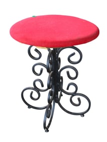Scroll iron base upholstered stool
