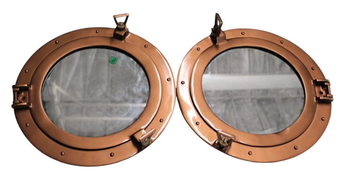 Pr. ship porthole copper tone decorator mirrors (1 of 4)