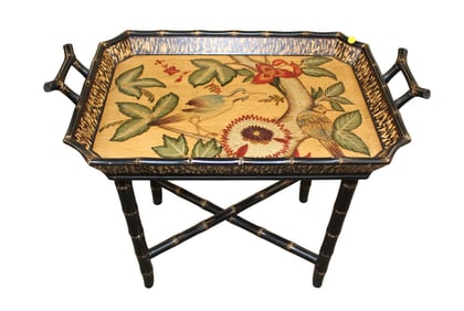 Paint decorated bamboo serving try on folding stand