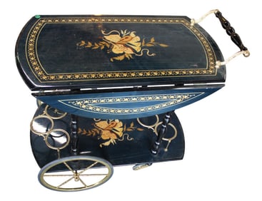Vintage Italian drop leaf inlaid black lacquer tea cart