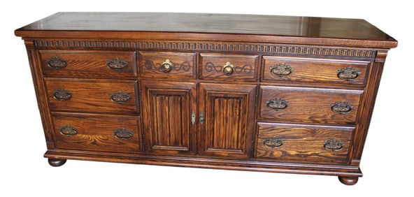 Vintage EA oak 8 drawer 2 door fitted low chest