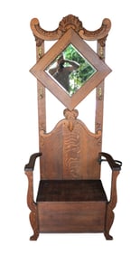 Antique carved oak beveled glass mirror lift top hall rack