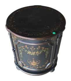 Stencil decorated black 1 door round lamp table