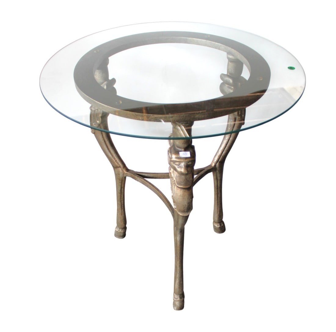 Iron & glass top round table w/griffin heads and hoof ft. (1 of 3)