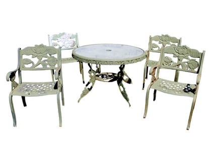Quality 5pc vintage fancy cast iron and alum. patio set