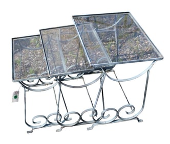 Graduating patio  scroll metal & glass top nesting tables