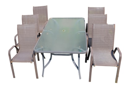 7 piece glass top patio set, table and 6 arm chairs