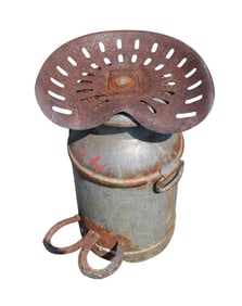 Ant. farm art milk can tractor seat stool w/horse shoe foot rest