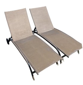 Pair adj. sling back brown pool lounge chairs on wheels