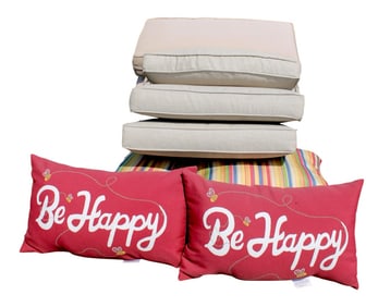 10 assorted patio furniture cushions and pillows