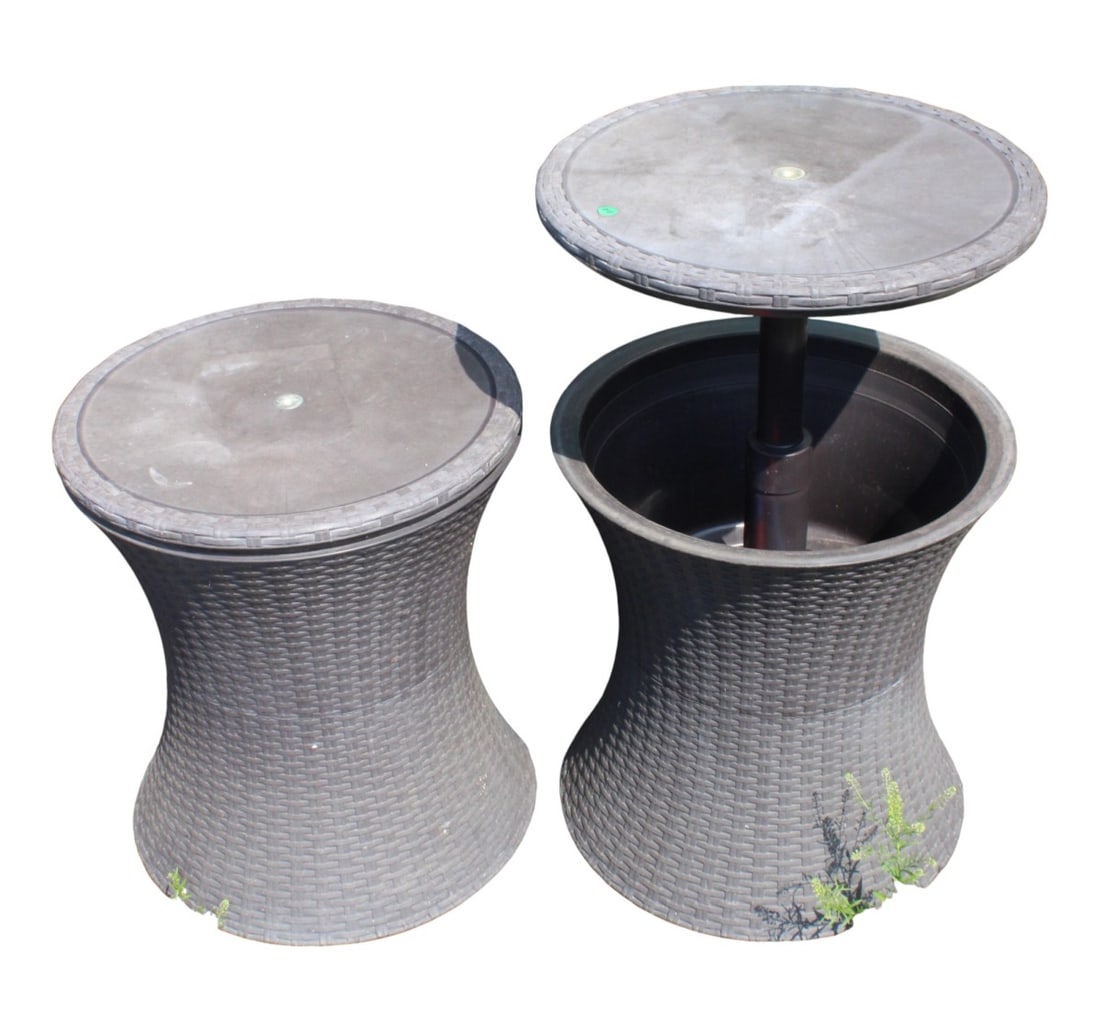 Cool adj. resin wicker all weather round patio tables: Pair of cool adjustable resin wicker all weather round patio tables, structurally sound. Vary in height and swivel. 22" to 32.5"h x 20" diameter