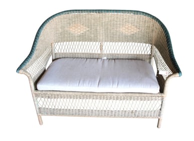 Vintage wicker two tone settee with seat cushion