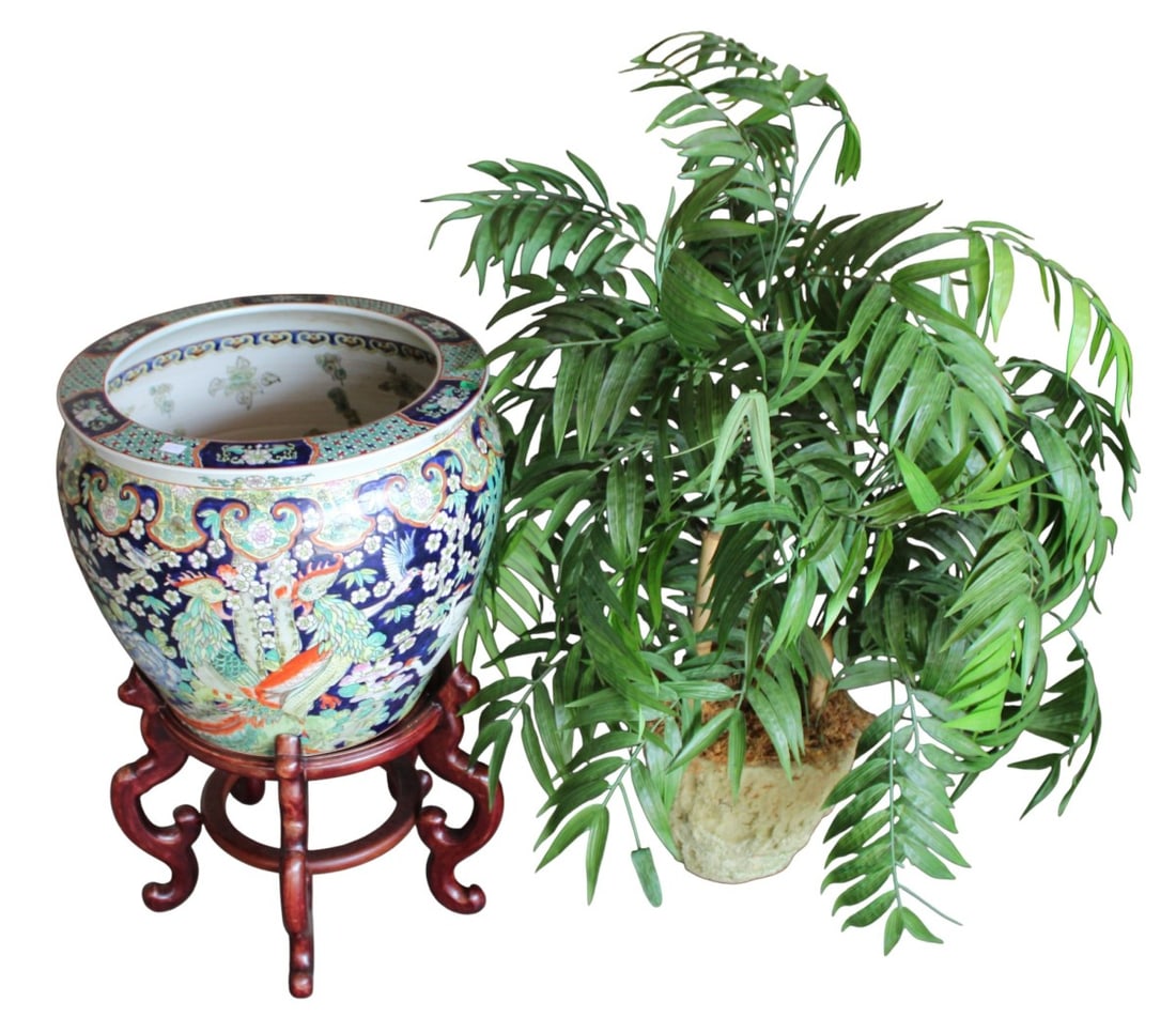 LARGE Chinese Koi fish bowl porcelain planter on stand (1 of 6)
