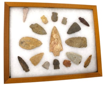 Native Amer. artifacts arrow heads in maple case