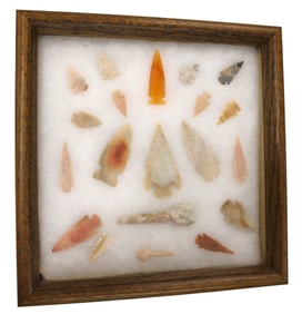 Native American artifacts arrow heads in oak case