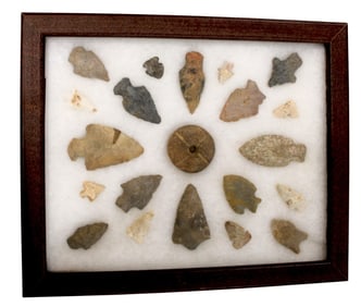 Native Amer. artifacts arrow heads in walnut case