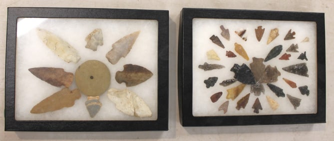 Framed Native American artifacts arrow heads