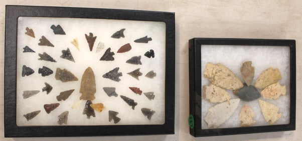 Framed Native American artifacts arrow heads