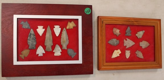 Framed Native American artifacts arrow heads