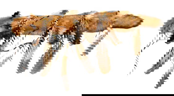 Deer skin quiver with tag, fox jaw, antler beaded: Deer skin quiver with tag. Quiver is fixed with fox jaw bone, antler disc beads and eagle feathers, some feathers are lose. Approx. with tail. 40"l x 5" diameter