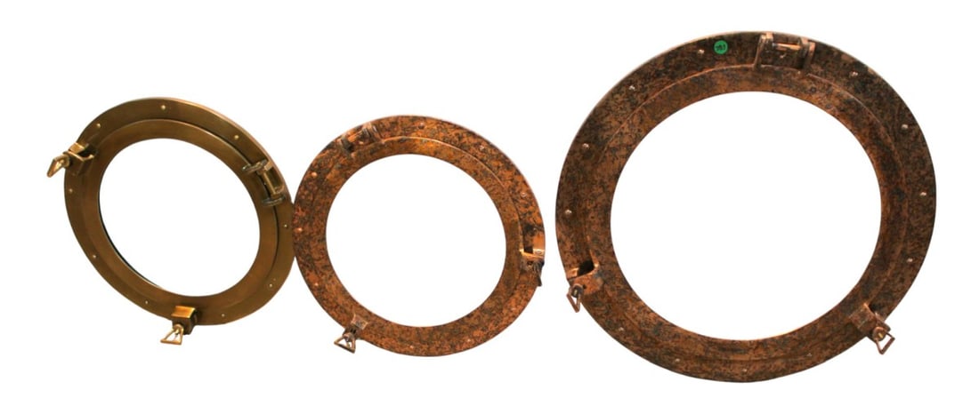 3 ship porthole style decorator windows: 3 ship porthole style windows, (2) 16" diameter, (1) 23.5" diameter
