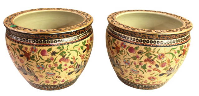 Pair Chinese porcelain flower pots: Pair of Chinese decorated porcelain flower pots, one has slight hairline crack. Each 9.5"h x 12" diameter