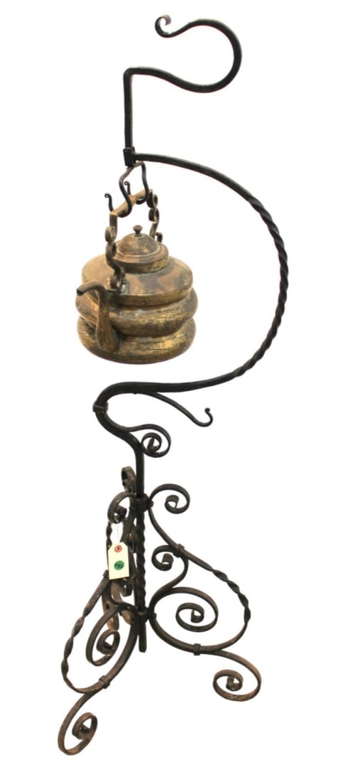 Early colonial style scroll iron tea pot and stand (1 of 5)