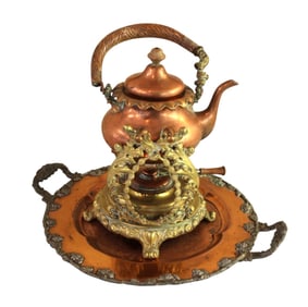 Fancy antiq. bronze & copper teapot w/underplate