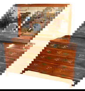 Henkel Harris solid mahogany low chest with mirror: Henkel Harris solid mahogany 10 drawer low chest with mirror, original finish, structurally sound and in good condition with some slight wear on top. 2pc lot. Dresser 34.75"h x 65.5"w x 21"d, Mirror 3