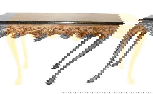 Marble laminated console, manner Maitland Smith: Highly carved distressed painted ball &amp; claw laminated marble decorator console in the manner of Maitland Smith, structurally sound and in good condition with no noticeable issues. 34"h x 64"w x 2