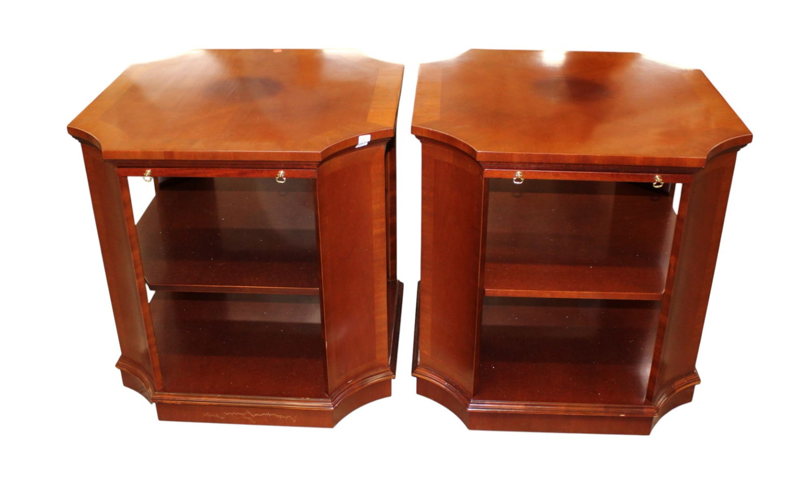 Kindel quality pair of burl mahogany and banded two tier lamp tables with pull out trays (1 of 8)